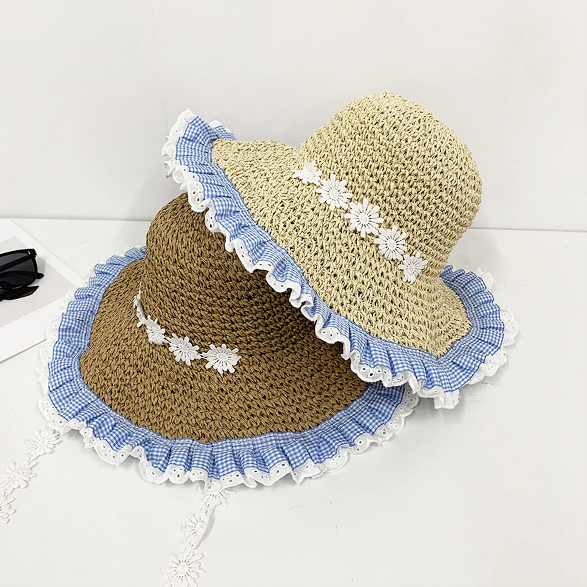 Anna-Kaci Women's Straw Sun Hat with Gingham & Lace Trim