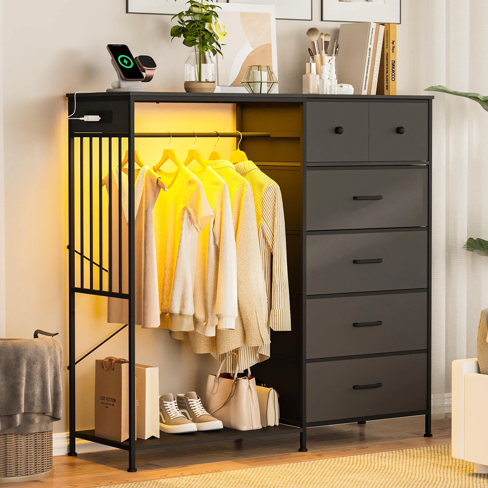 49.2" Dresser with Hanging Rack, 6 Fabric Drawers, LED Lights & Charging Station