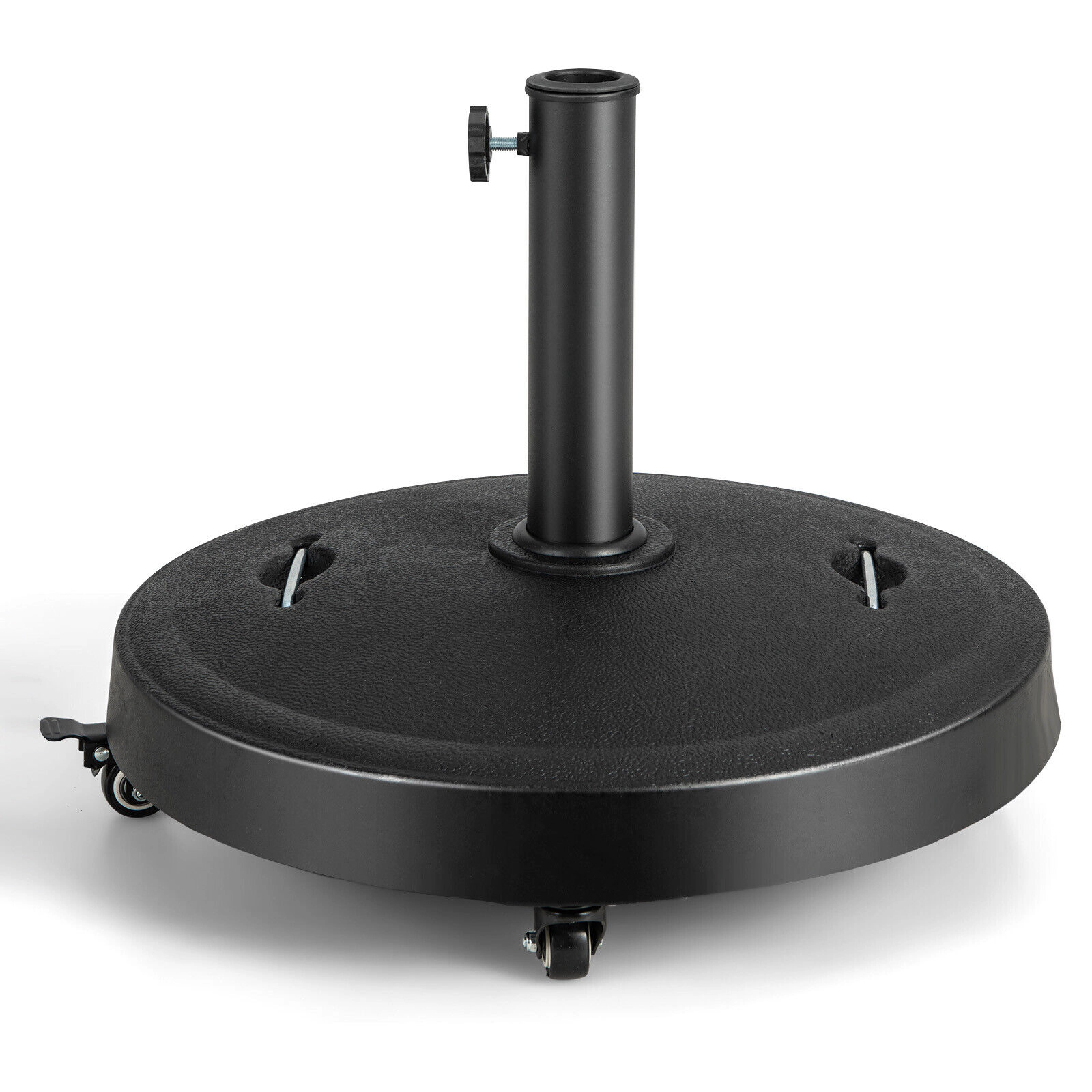 Slickblue Rolling Outdoor Umbrella Stand Base 51 lb Resin Metal 4 Lock Wheels Patio Deck