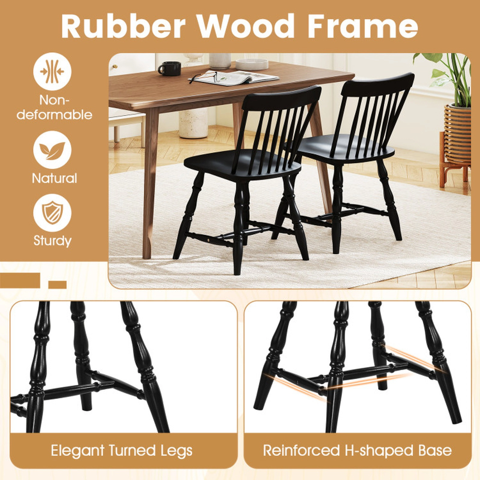SUGIFT Rubber Wood Windsor Dining Chairs Set of 4 with Curved Spindle Back 330-lb Capacity Black/Natural