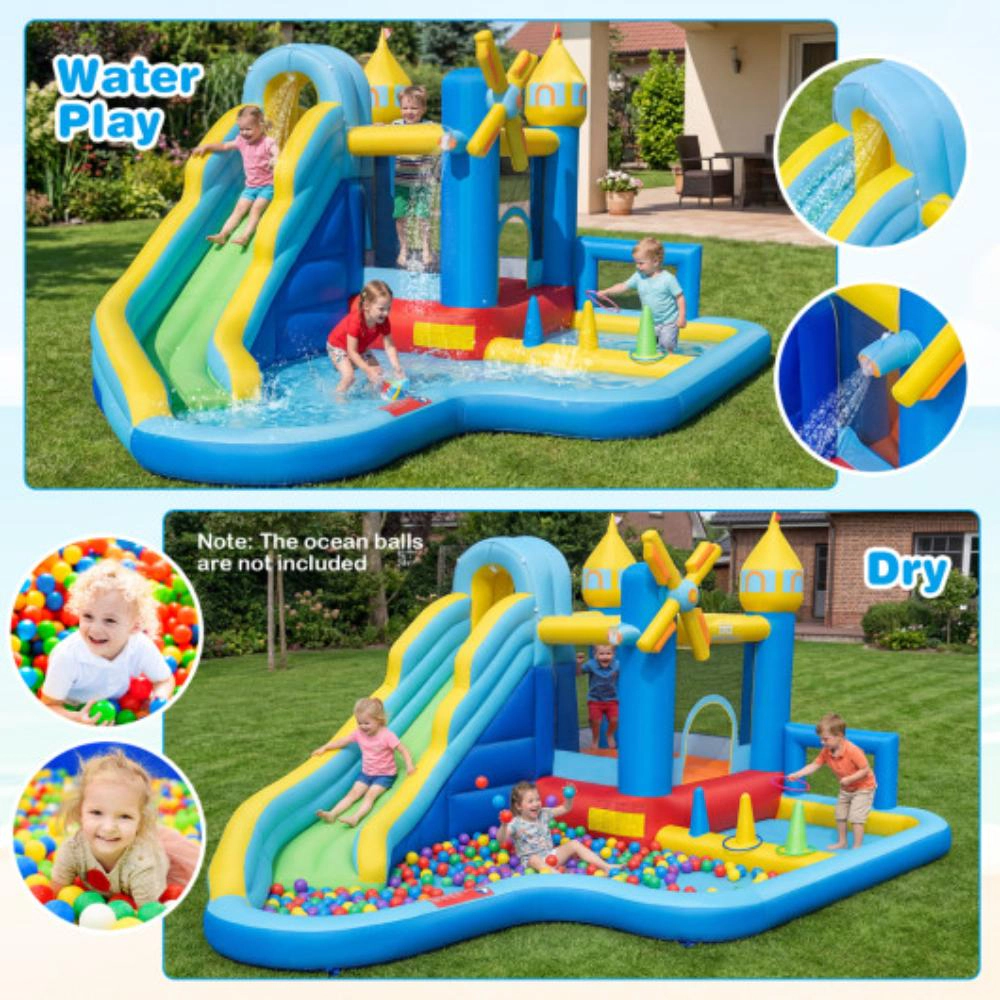 Hivvago Windmill-themed Inflatable Water Slide Park with Jumping Area and Blower
