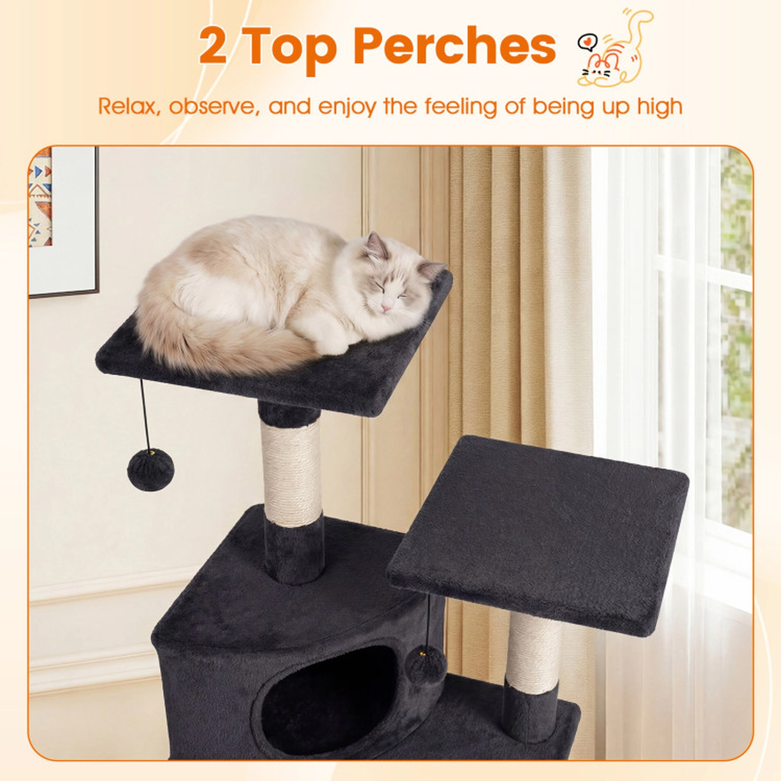 SUGIFT 44-in Tall Dark Gray Cat Tree Tower with Condo 2 Plush Perches Sisal Posts Ramp and Hanging Balls