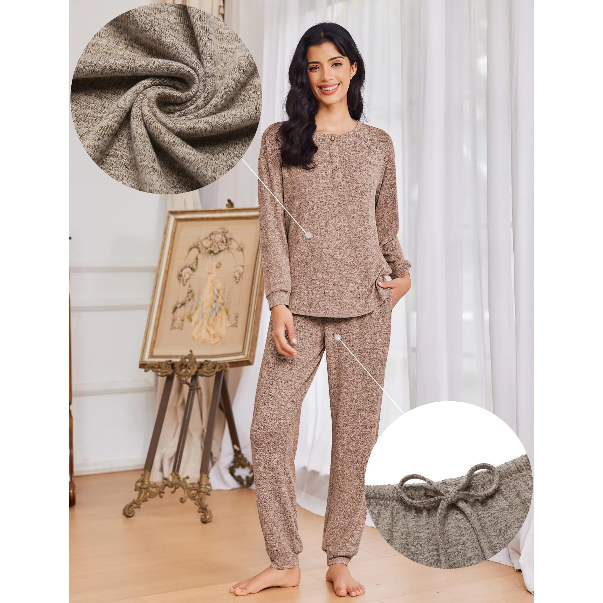 Ekouaer Womens Pajama Sets Long Sleeve Lounge Set Two Piece Henley Neck Sleepwear