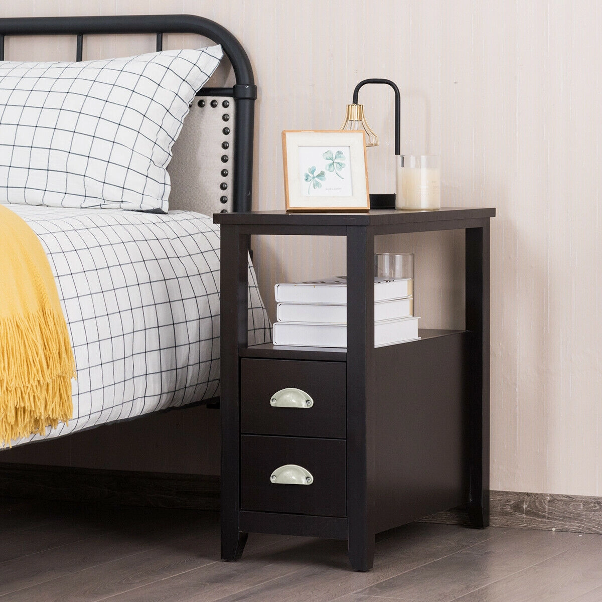 SUGIFT Compact Rectangular Wooden Nightstand with 2 Drawers and Shelf 33-lb Tabletop Capacity Dark Brown