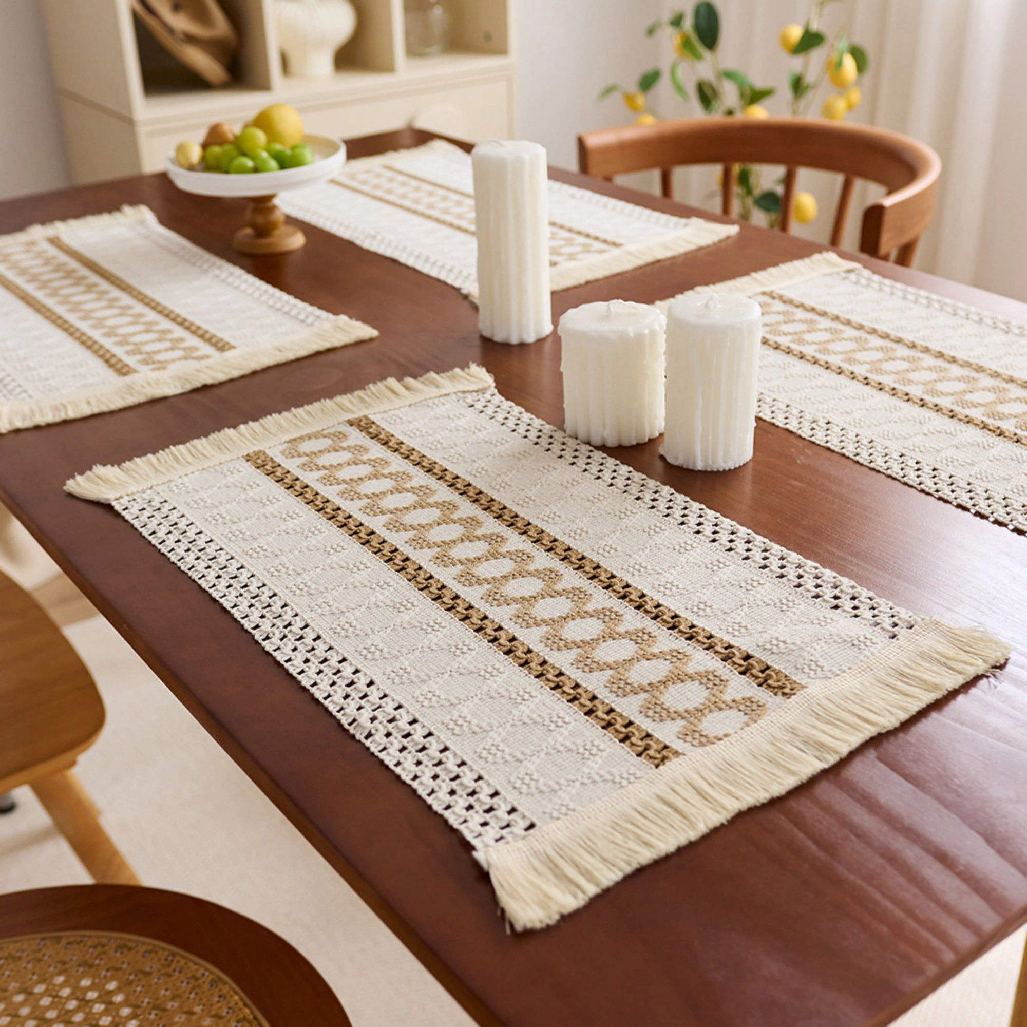 Alilang Unisex 4 Set Woven Rectangular Placemats with Textured Stripes and Fringe Edges 11.8x19.5