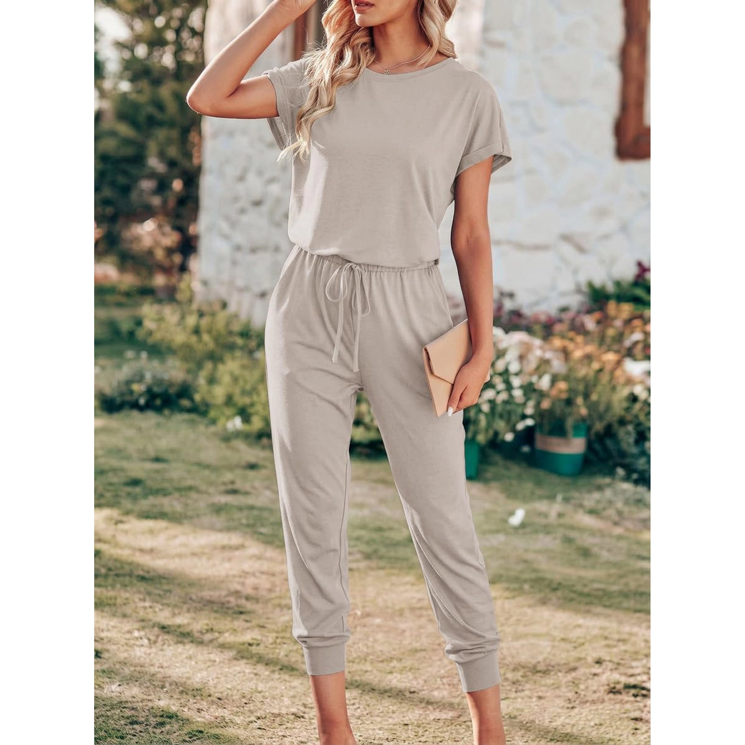 Ekouaer Women's Boat Neck Short Sleeve Top & Jogger Pants 2 Piece Set