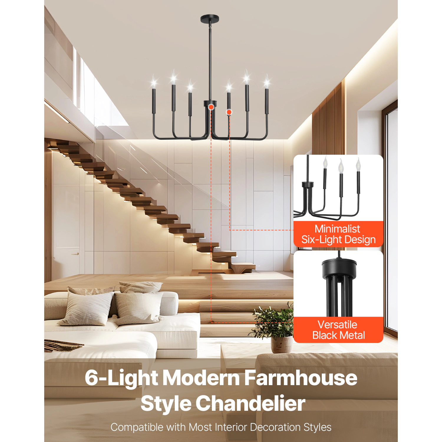 HONGGE 6-Light Chandelier Farmhouse Chandelier Adjustable Height Dining Room Hanging Light Fixture for Ceilings Modern
