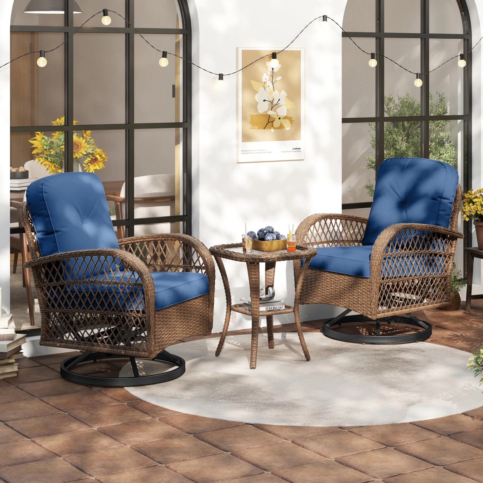 SUGIFT 3-Piece Brown Patio Furniture Set with 2 Swivel Rocker Chairs and 2-Tier Side Table 400-lb Per Seat