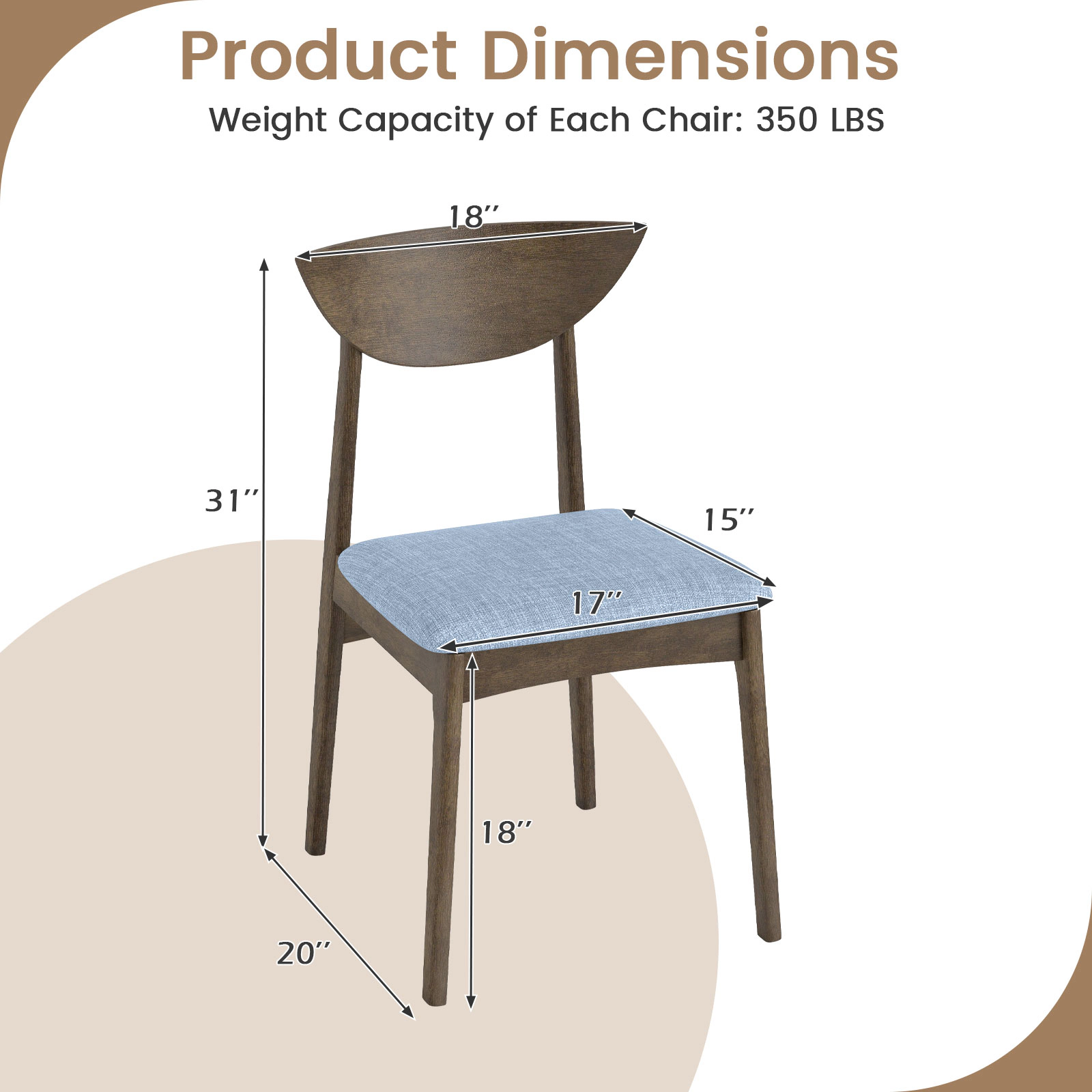 SUGIFT Upholstered Wooden Dining Chair Set of 2 with Rubber Wood Legs 350-Lb Capacity Brown+Gray
