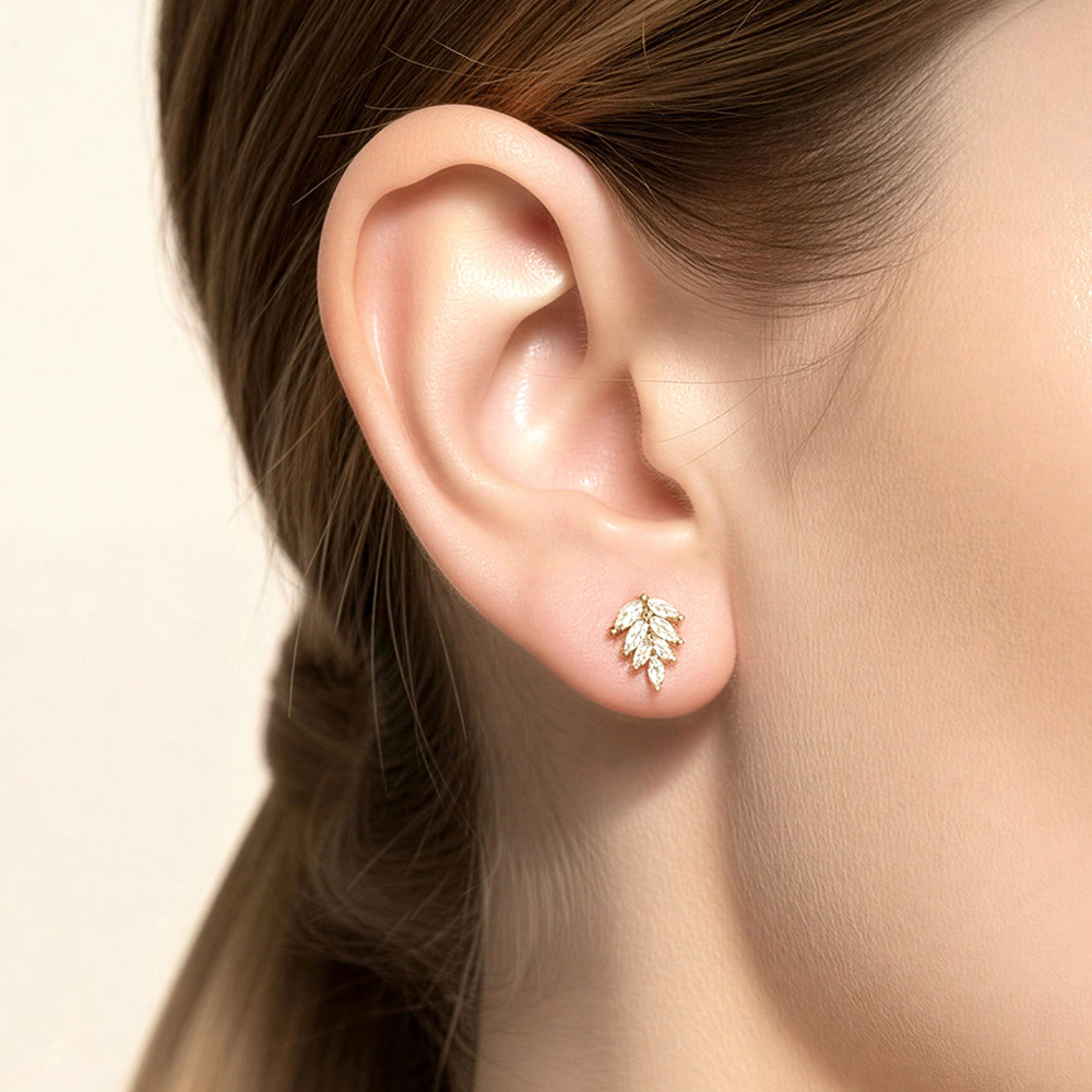FASHNZFAB 14K Gold Dipped CZ Marquise Leaf Stud Earrings