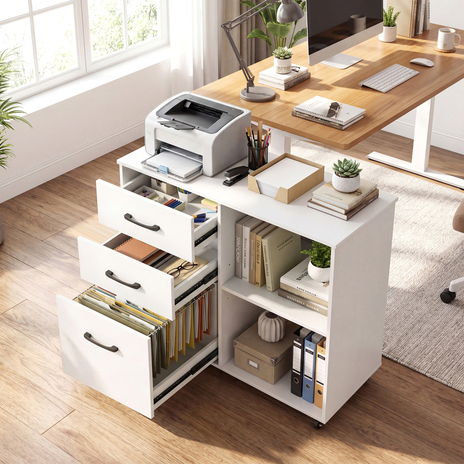 LJG 3-Drawer Mobile File Cabinet with Open Storage Shelves and Wheels for Letter A4 Size