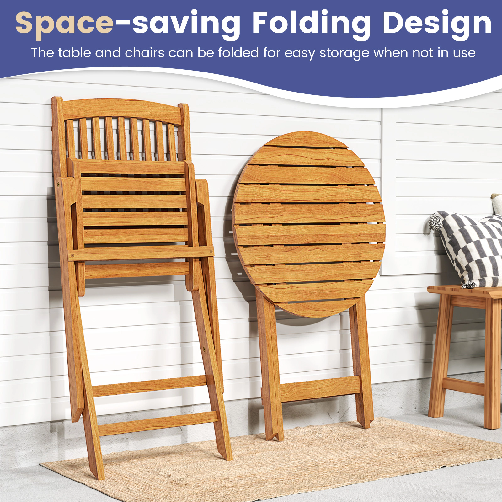 SUGIFT Navy Round Table and Cushions 3-Piece Acacia Wood Folding Patio Bistro Set