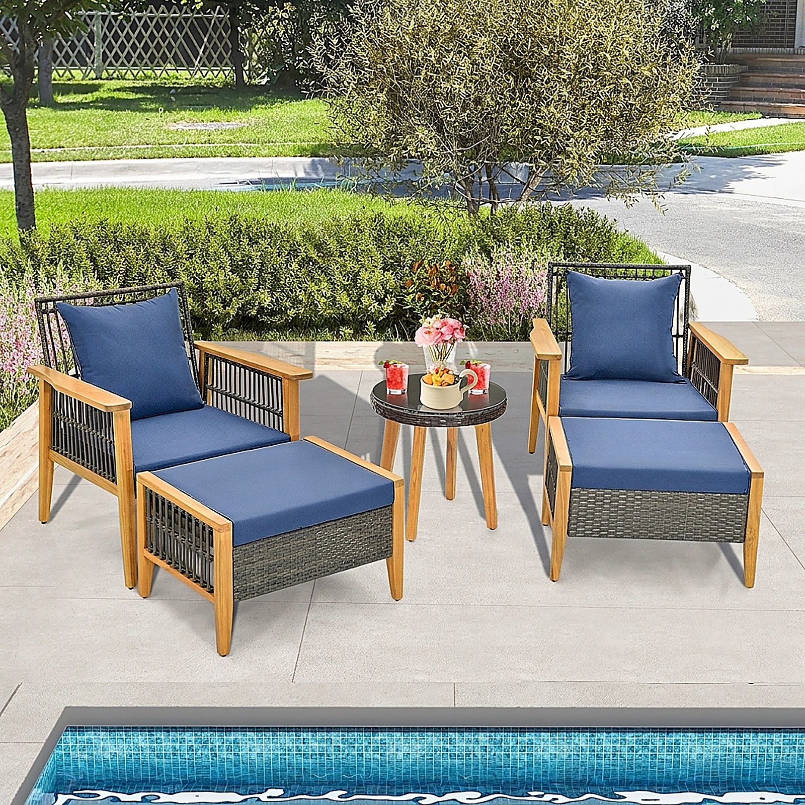 SUGIFT 2 Ottomans and Round Coffee Table 5-Piece Navy Patio Furniture Set