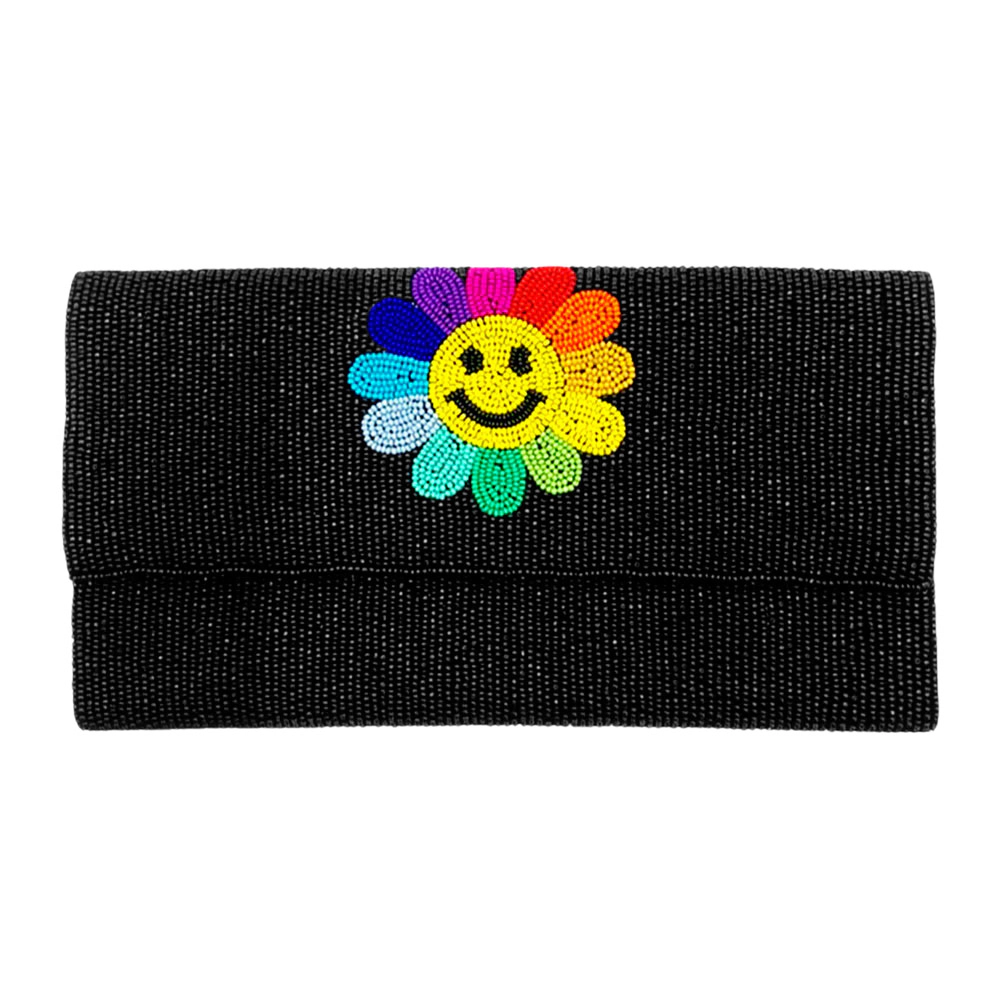 Fashnzfab Smile Flower Accented Seed Beaded Clutch / Crossbody Bag