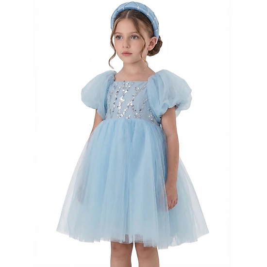 2Bunnies Girls’ Sequin Embellished Puff Sleeve Tulle Princess Party Dress