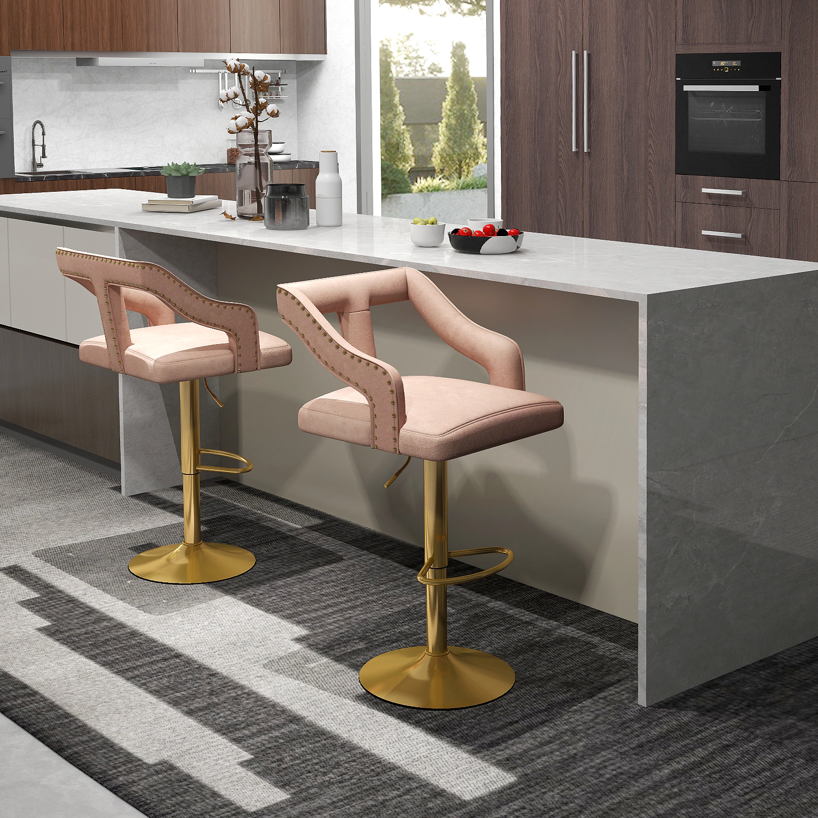 SUGIFT Set of 2 Pink Adjustable Velvet Swivel Bar Stools, 25-34 in Seat Height, Gold Two-Tier Base