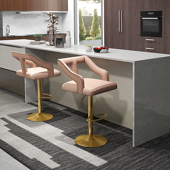 Glintex 2-Piece Adjustable Swivel Bar Stool Set with T-Shaped Velvet Back, Pink & Gold