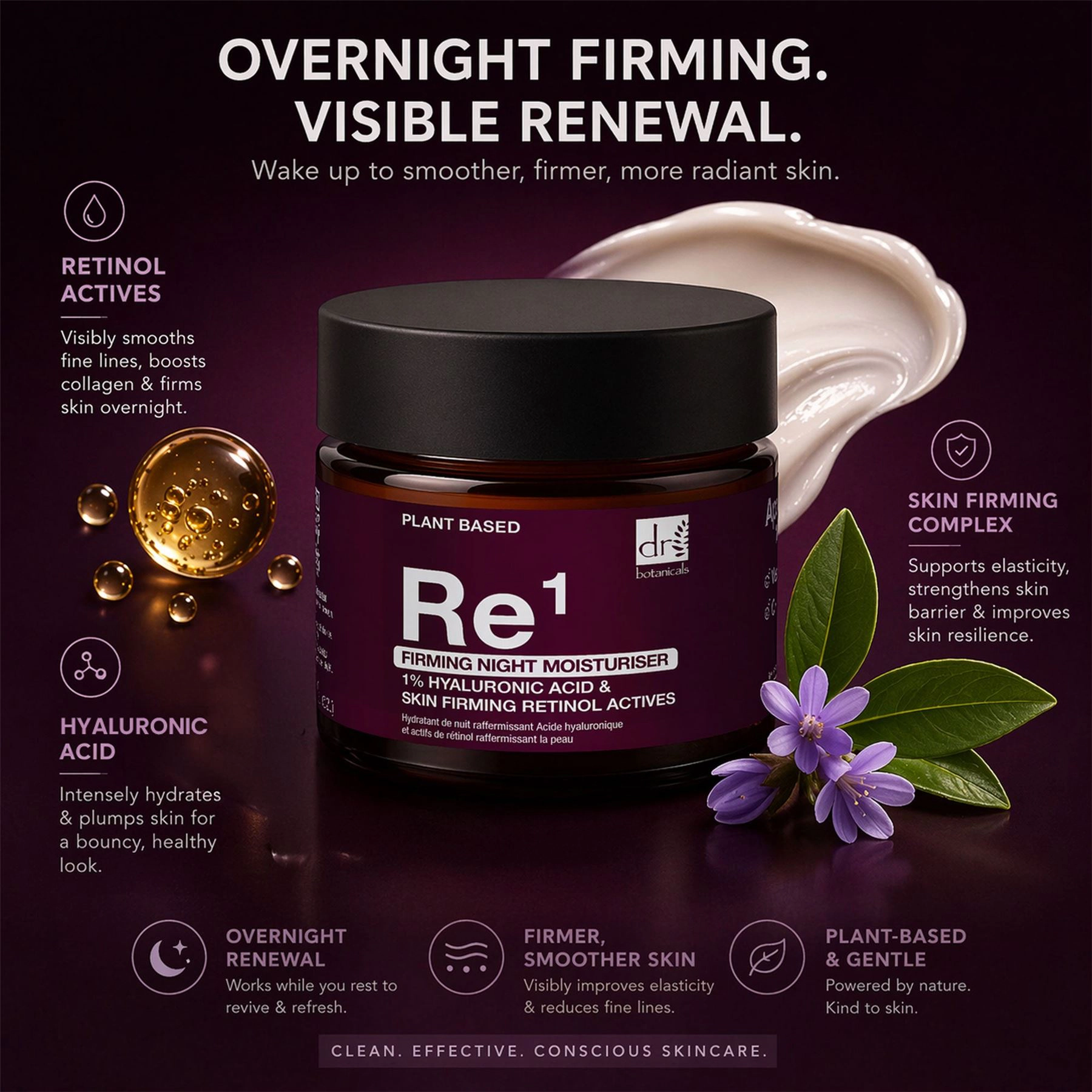 Dr. Botanicals Firming Night Moisturiser with Retinol and 1% Hyaluronic Acid, Vitamin E, 60ml