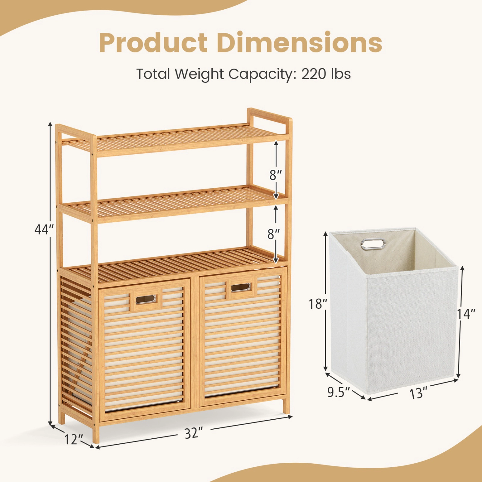 SUGIFT Natural Bamboo Double Tilt-Out Laundry Hamper with 3 Shelves and 2 Removable 7-gal Baskets