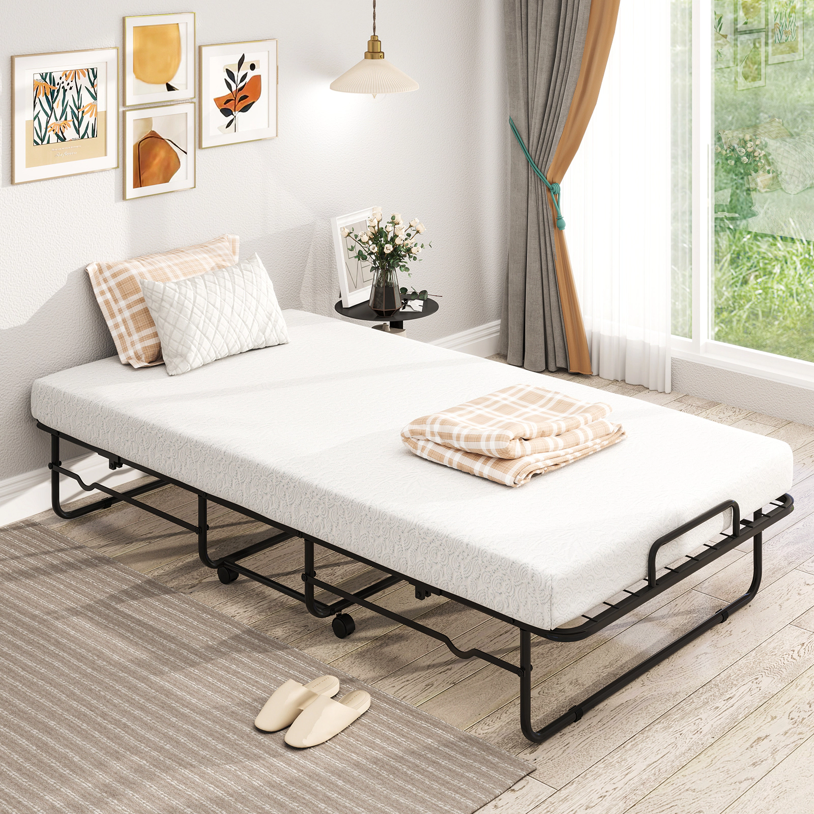SUGIFT Twin Folding Bed with 4-Inch Memory Foam Mattress, Locking Casters, Black