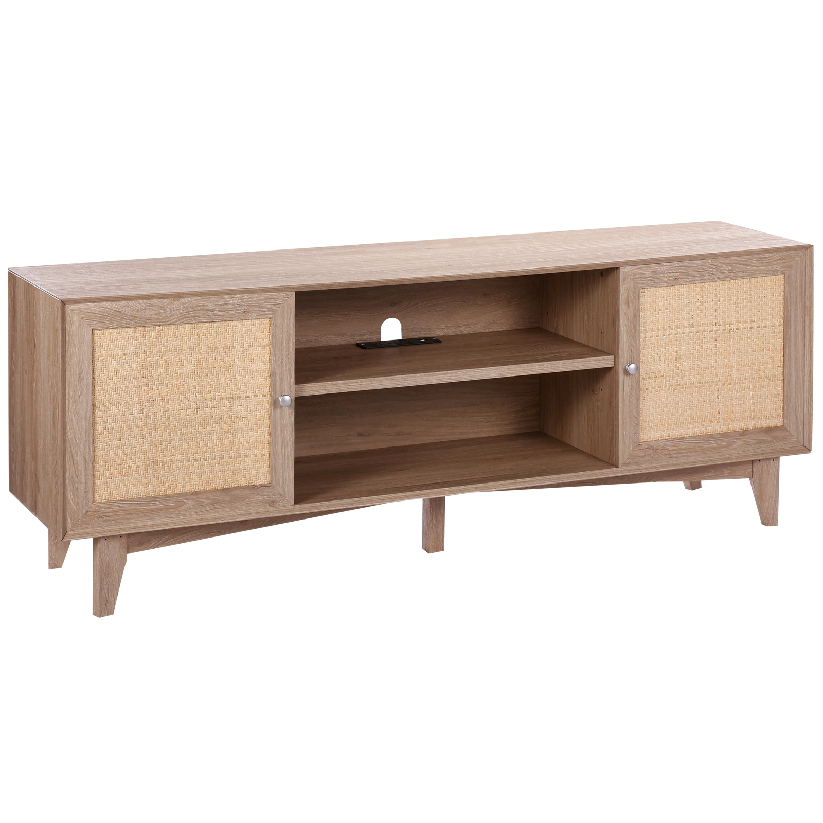HONGGE Rattan TV Stand for TV Boho TV Stand with Rattan with Build-in Socket Modern TV for Living Room Media Room