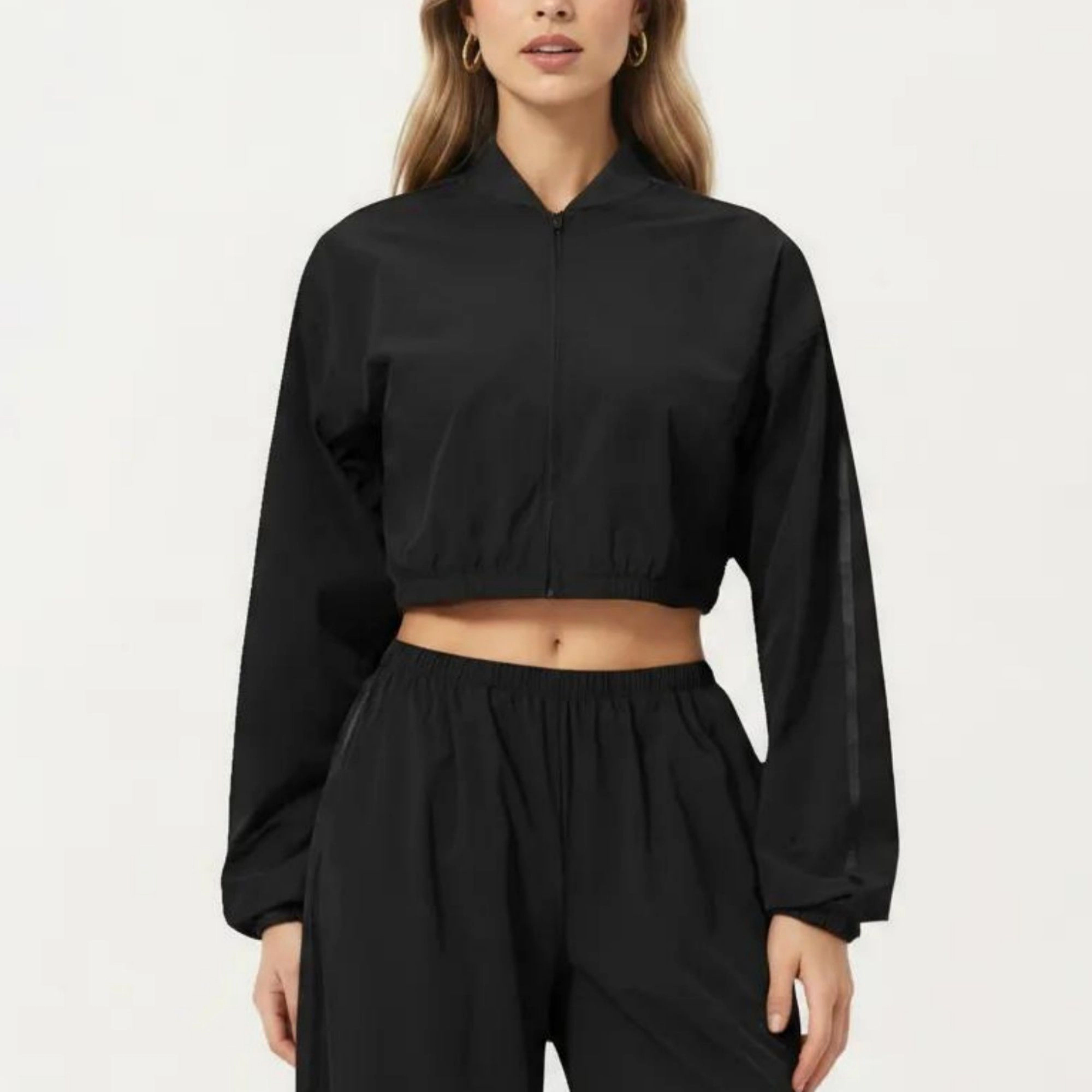 Anna-Kaci Women's Cropped Zip Front Jacket with Elastic Hem and Long Sleeves