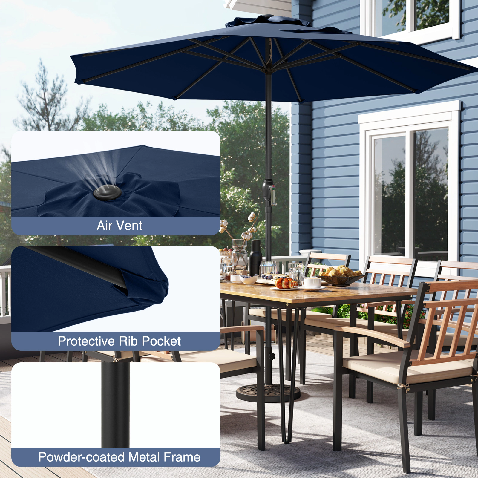 SUGIFT 8.5-ft Navy Blue Market Patio Umbrella, Crank Lift, 8 Ribs, Vented Canopy