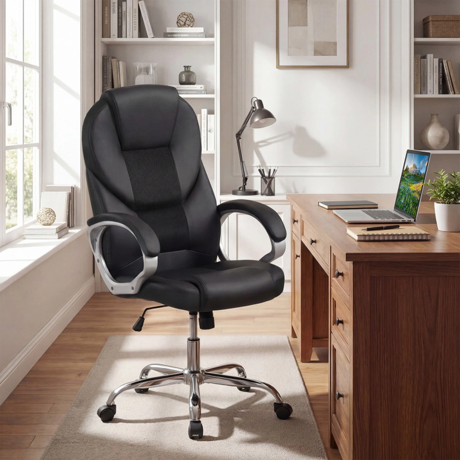 SUGIFT 300-lb Capacity Black PU Leather and Mesh Ergonomic Executive Desk Chair with Rocking Backrest
