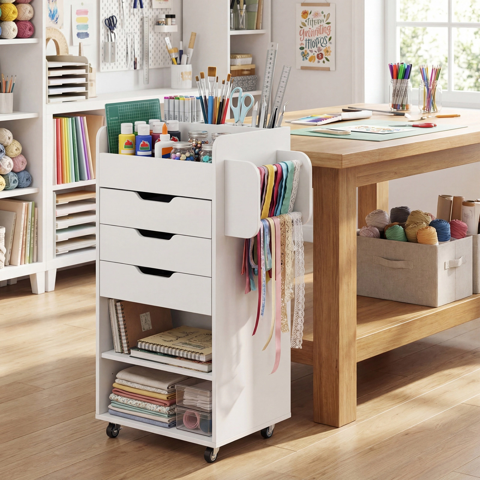 SUGIFT Utility Trolley Wrapping Paper Storage Cart 3 Drawers & Open Shelves 22-lb Countertop Capacity Rustic Brown/White