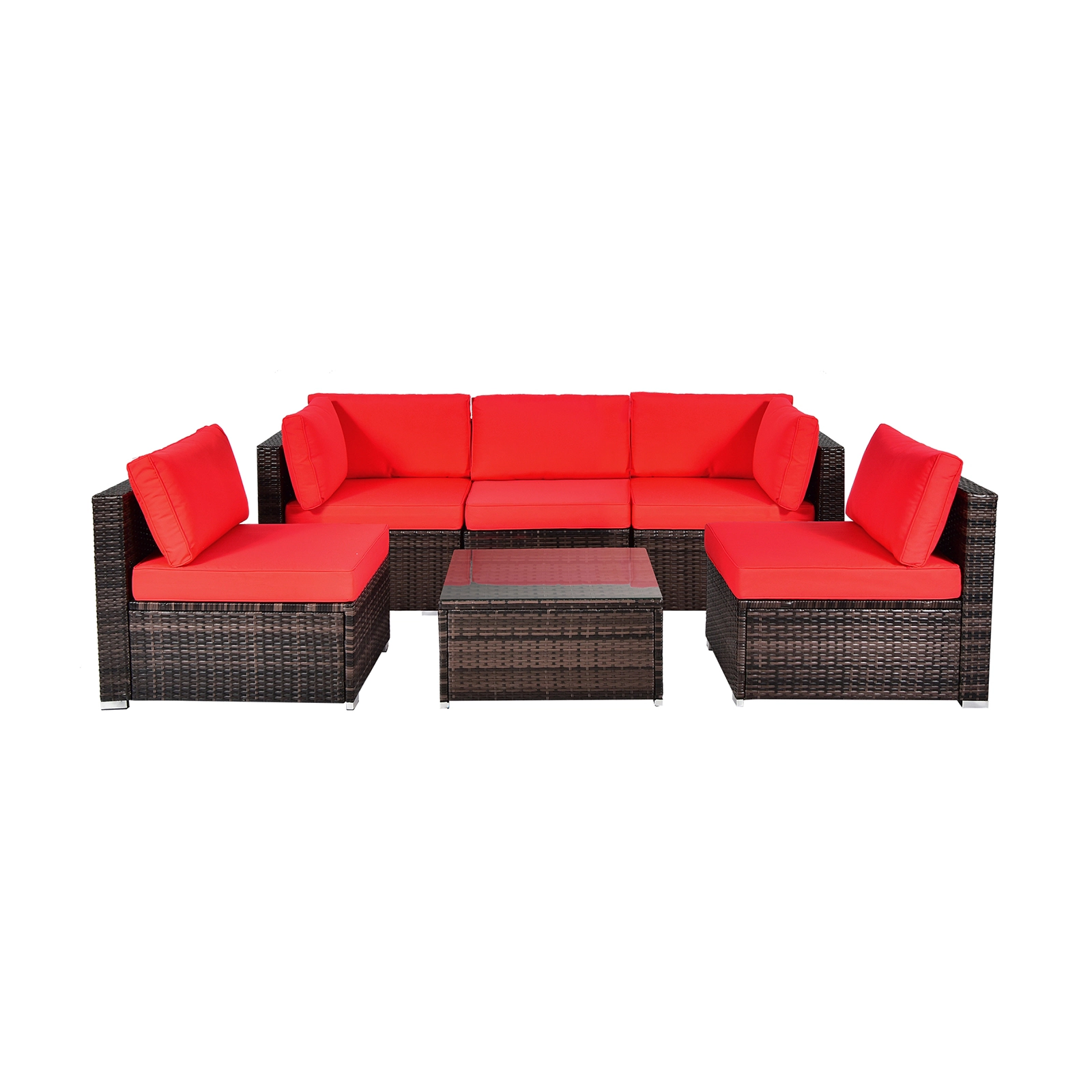 LJG 6 Pieces Patio Rattan Furniture Set with Cushions and Glass Coffee Table