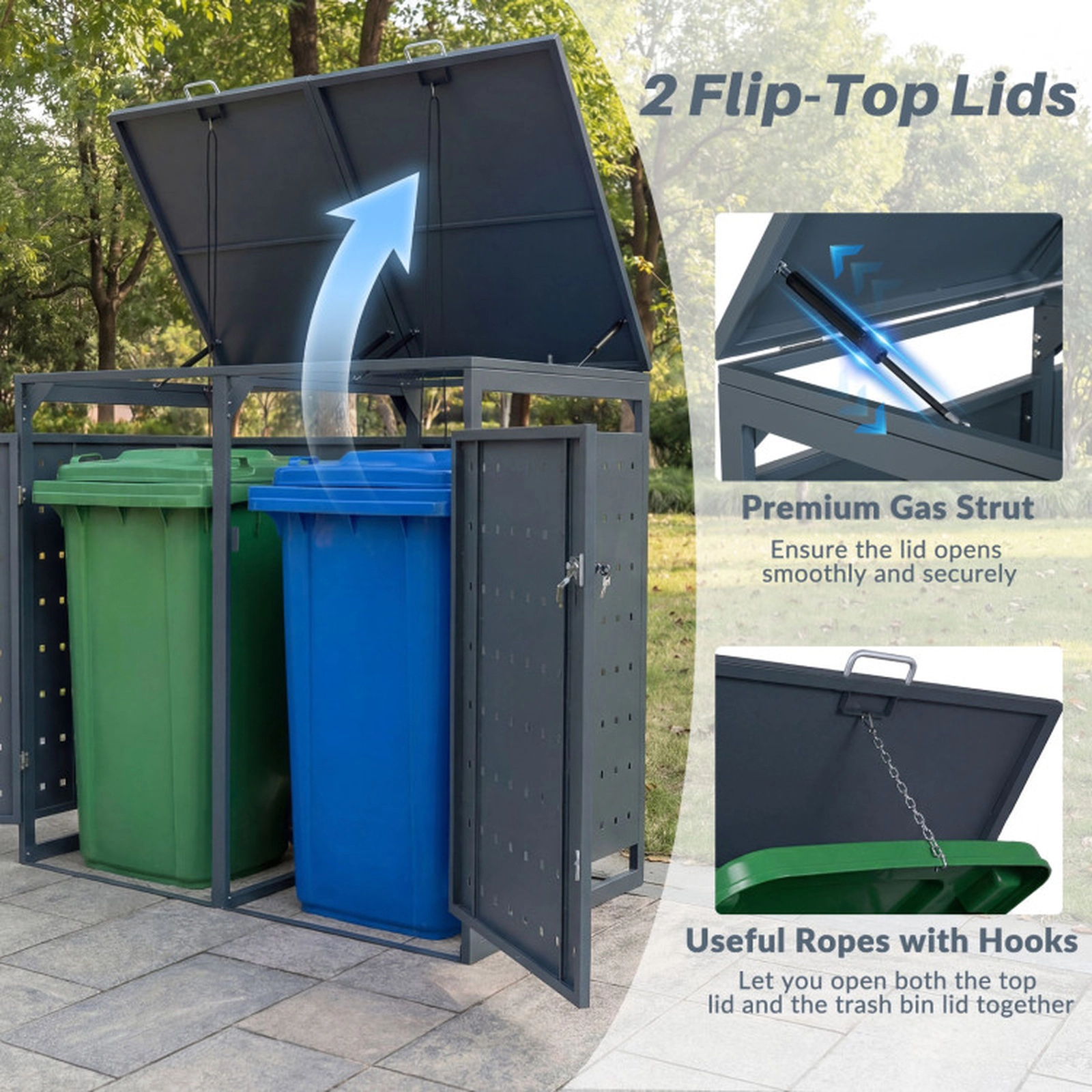 SUGIFT Outdoor Metal Garbage Bin Storage Shed for 2 Trash Cans 46-in Tall Double Trash Can Enclosure Gray