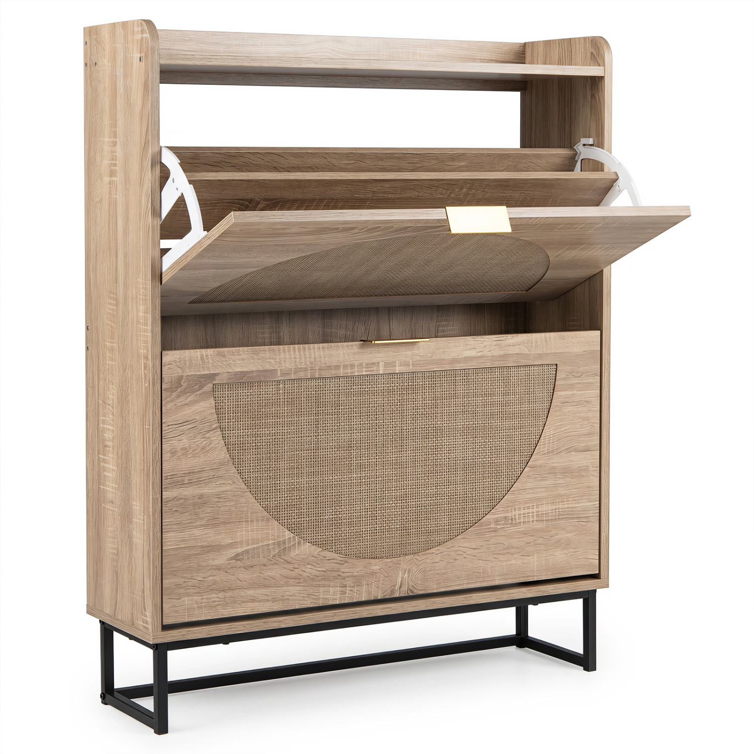 Glintex Ultra-Thin Shoe Cabinet with 2 Flip Drawers and Faux Rattan Doors