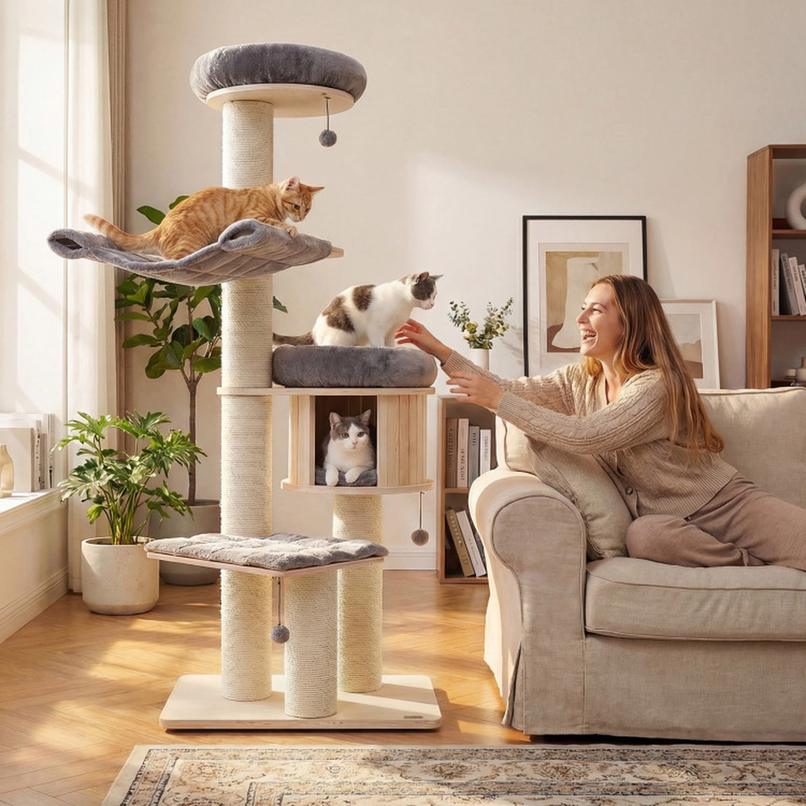SUGIFT 68.5 4-Layer Wooden Cat Tree with Condo Ladder and Dangling Balls