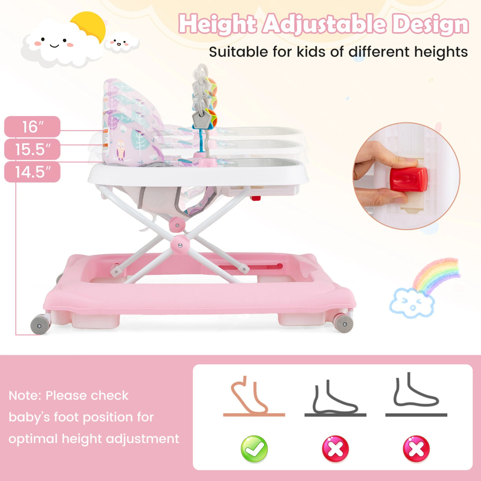 SUGIFT Foldable Baby Walker Adjustable Height & Feeding Tray 26-lb Capacity Ages 6-12 Months Pink with Shape Sorters