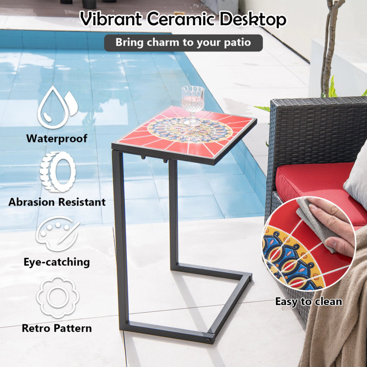 Hivvago C-Shaped Waterproof Outdoor Side End Table With Ceramic Top