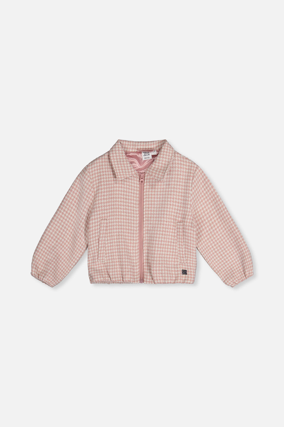 Deux par Deux Girls Zip Front Gathered Houndstooth Bomber Jacket with Side Pockets