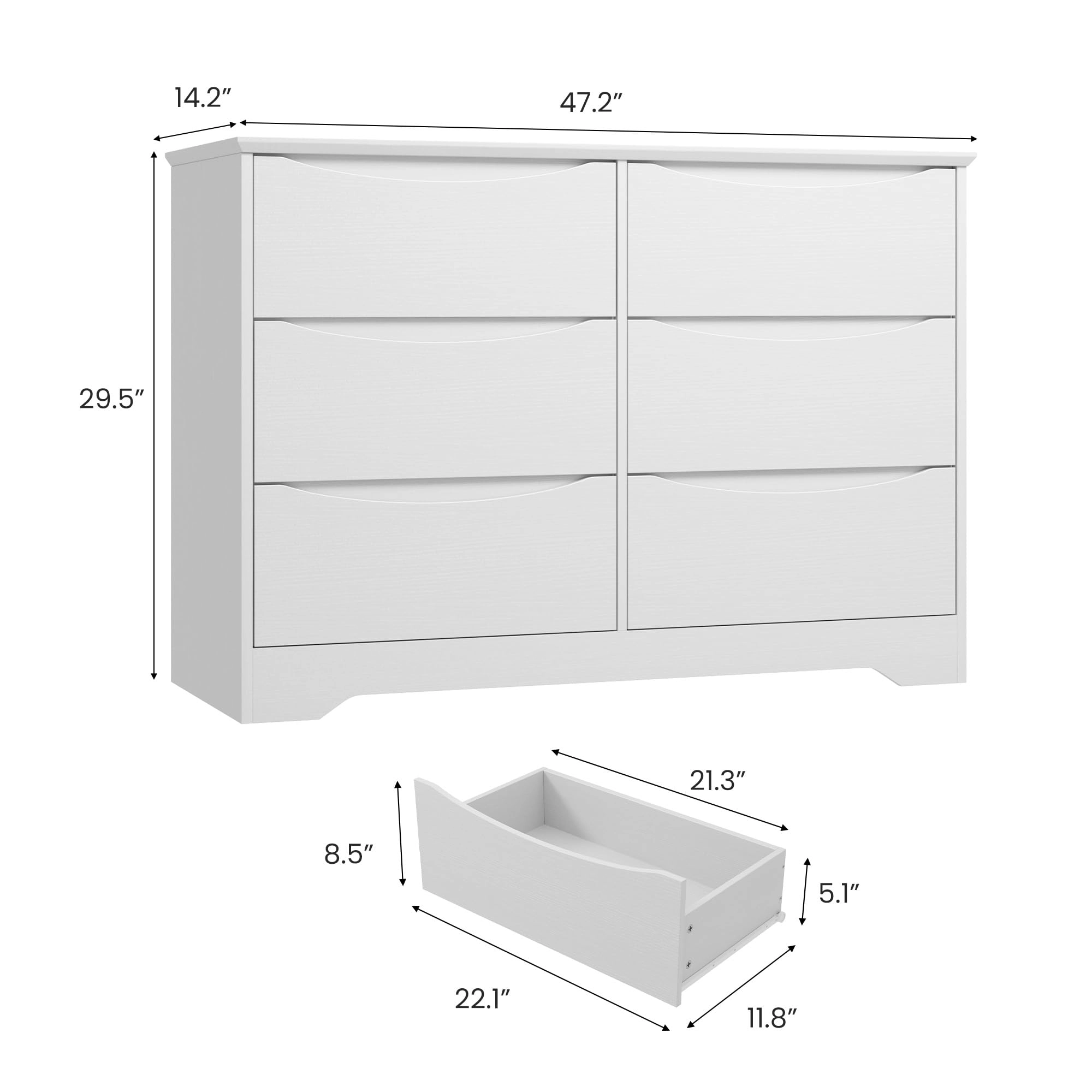 6 Drawer Modern Dresser with Hidden Handles, 47" Wide Large Double Storage Chest for Bedroom Living Room Hallway