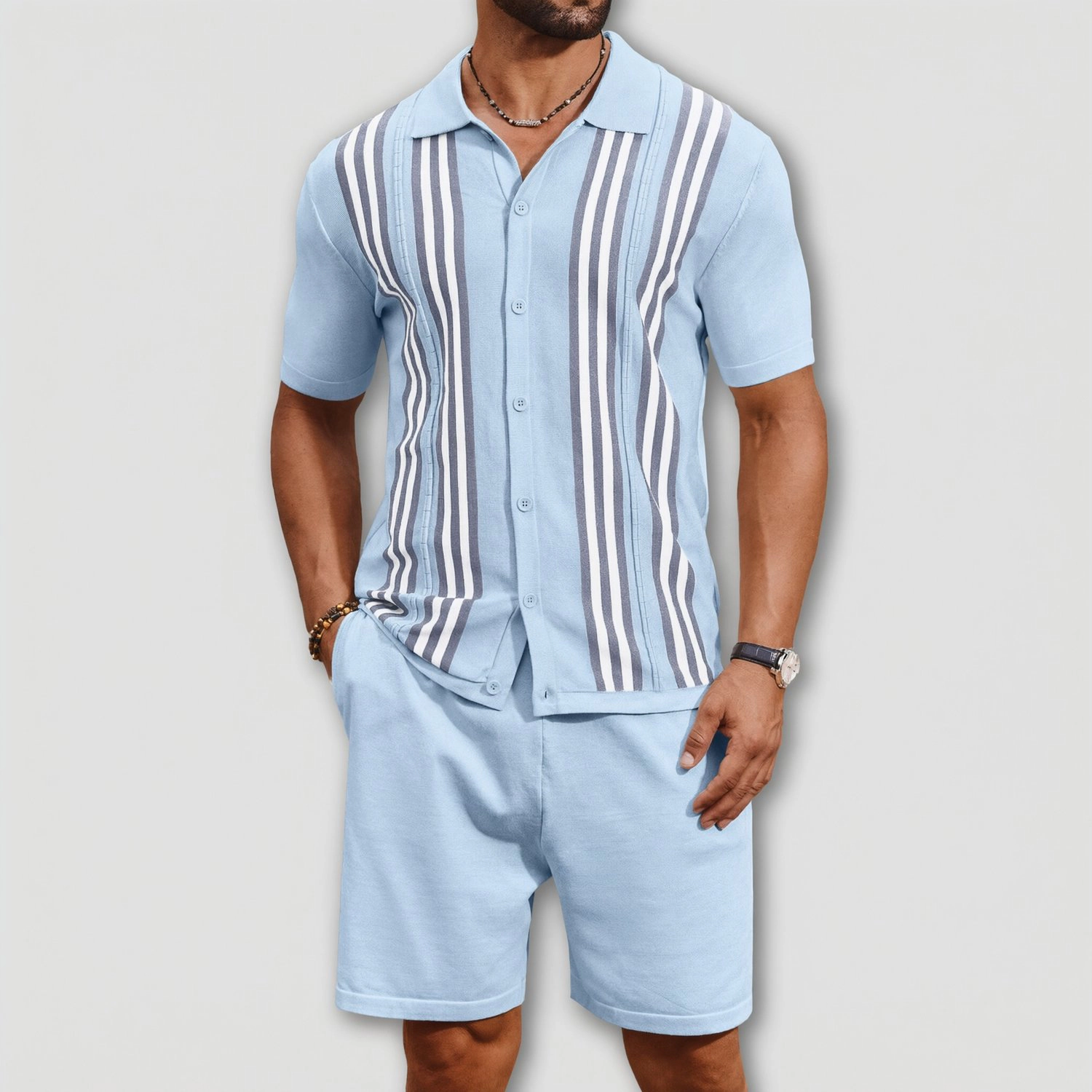 COOFANDY Mens Short Sleeve Striped Button Up Shirt Shorts Set Casual  Outfits