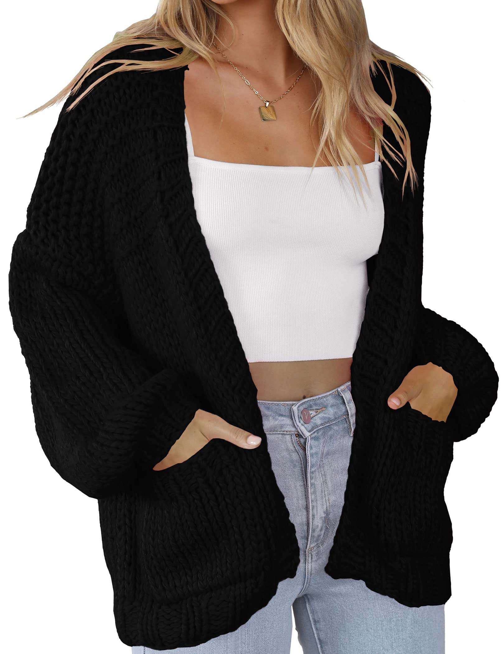 KOJOOIN Women's Cardigan Chunky Knit Sweaters Open Front Pocketed Oversized Jacket Balloon Sleeve