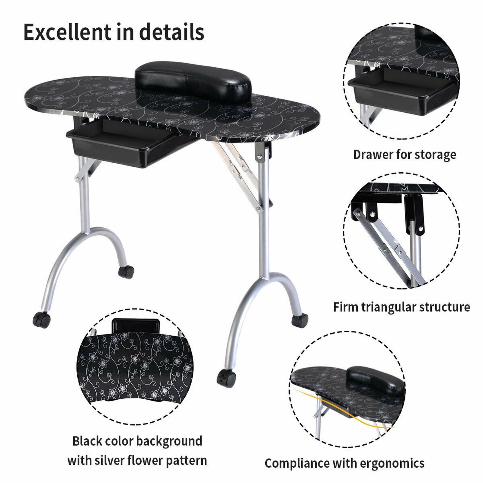 SUGIFT Folding Storage Drawer Wrist Cushion 4 Lockable Casters Manicure Nail Desk 35.5-in x 14.5-in x 27-in Black