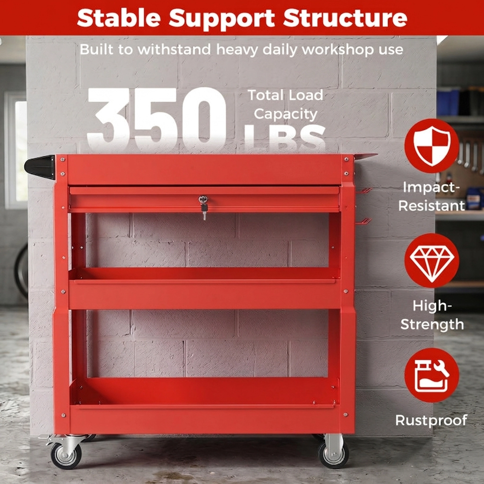 SUGIFT 3-Tier Rolling Tool Cart Shelving Unit with Lockable Drawer 350-lb Capacity Garage and Workshop Organizer Red