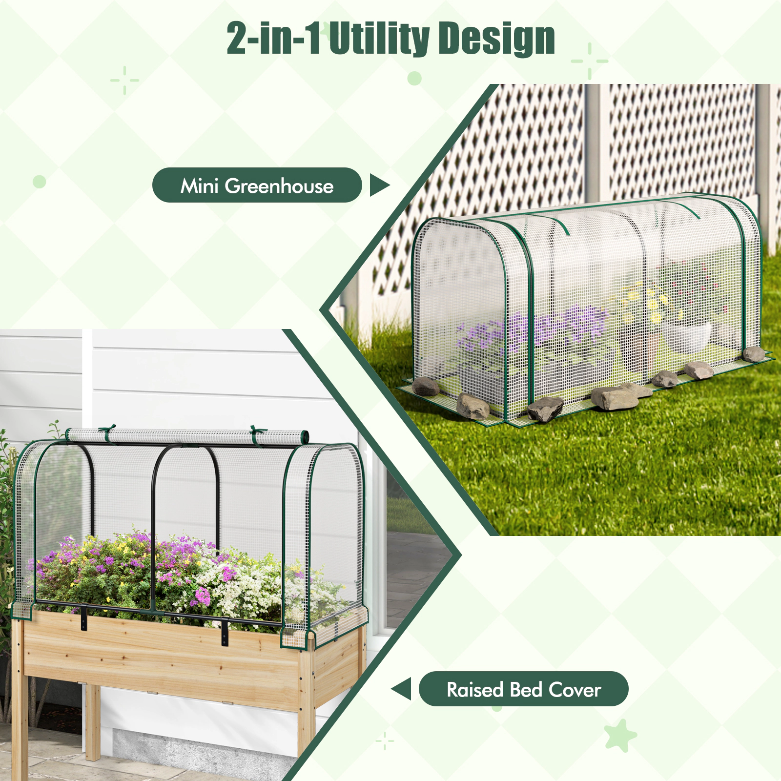 SUGIFT Mini Tunnel Greenhouse White 47 x 22 x 24 in with Roll-up Zipper Door and 6 Ground Stakes