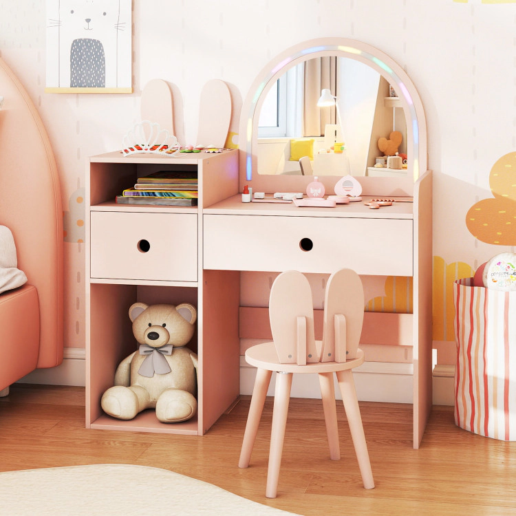 Hivvago Kids Vanity Desk And Chair Set With Lights  Open Shelves