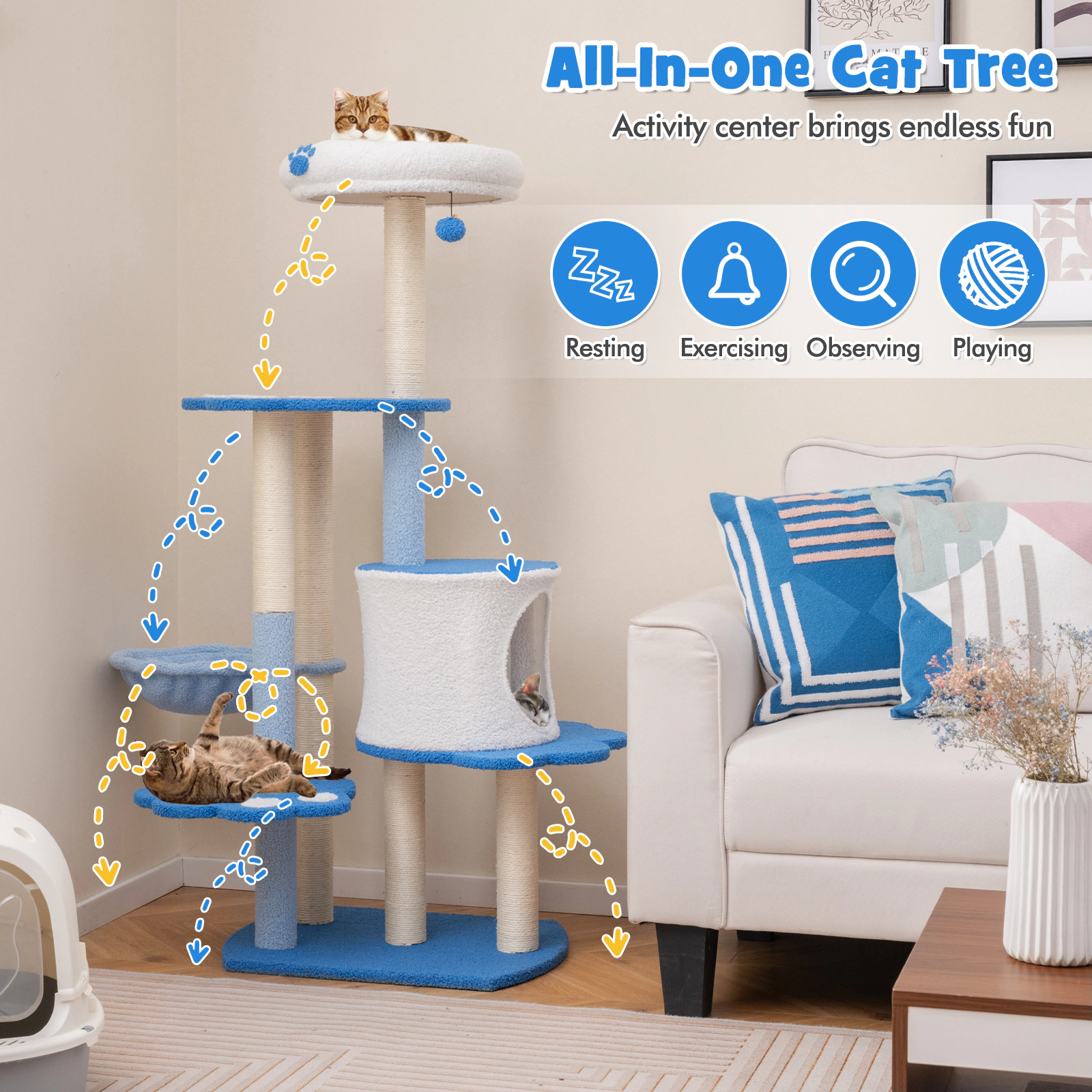 SUGIFT 54-in Tall Modern Cat Tree Tower with Condo, Hammock & Top Perch 22-lb Capacity White & Blue Teddy Plush Fabric