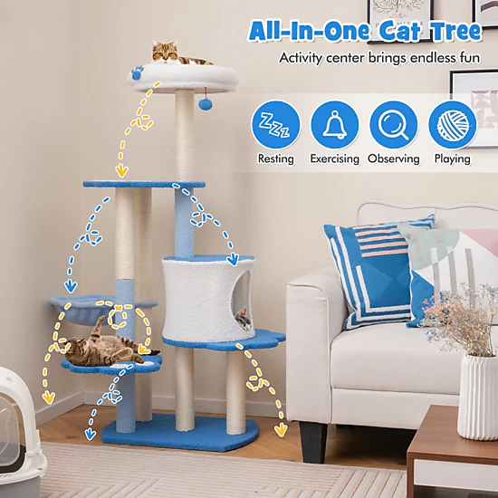 Glintex 54-Inch Modern Cat Tower with Rotatable Hammock and Private Condo, Blue