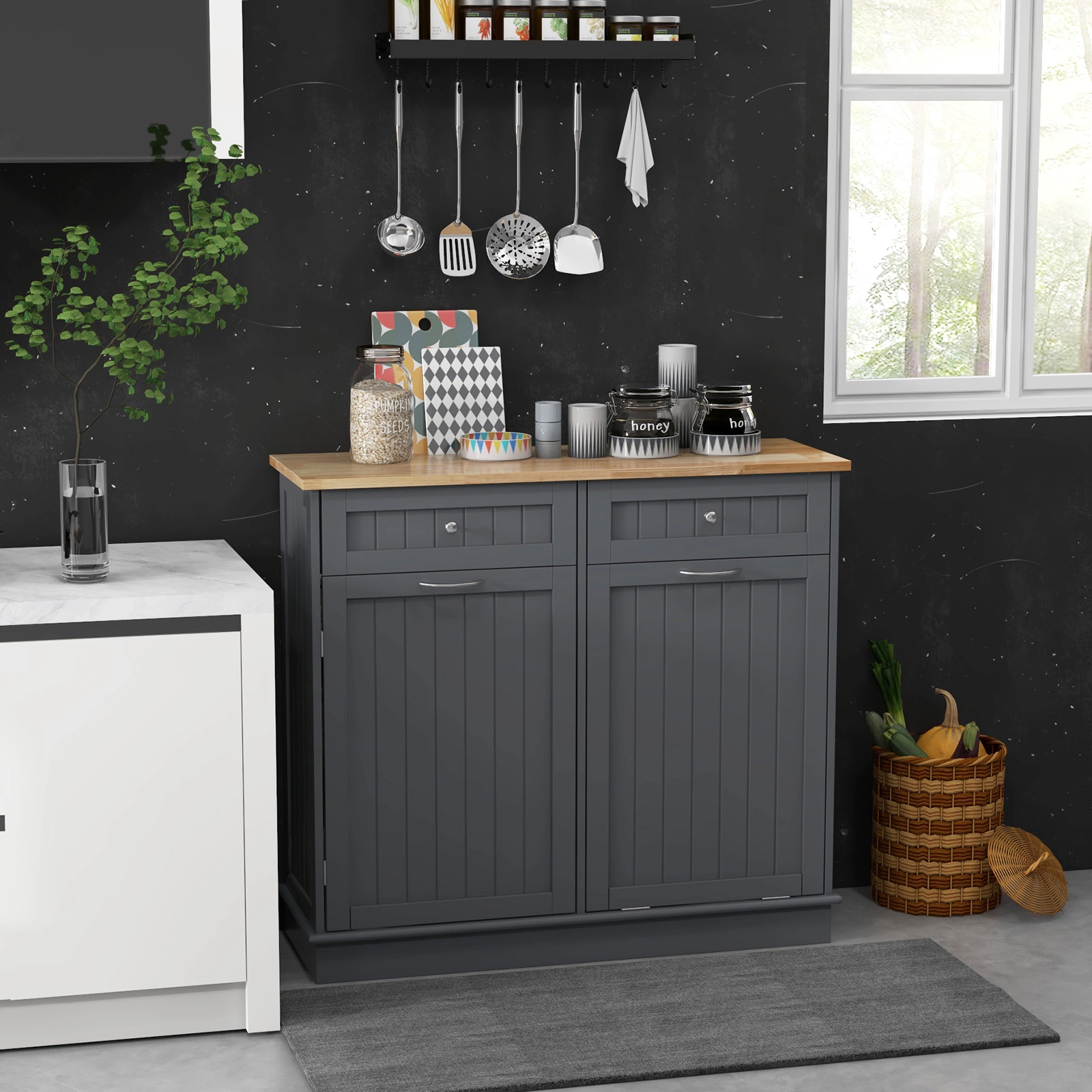SUGIFT Til-Out Trash Bin Cabinet Sideboard with Single Trash Can Holder and Adjustable Shelf 220-lb Top Capacity Gray