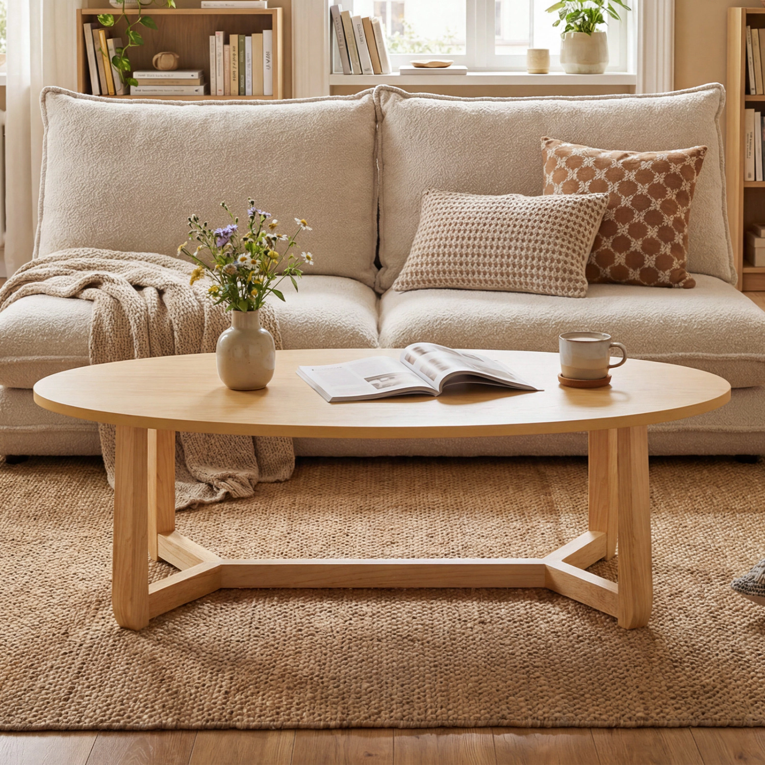 LJG Oval Coffee Table 46 Inches Wooden Accent Table with Thickened Top