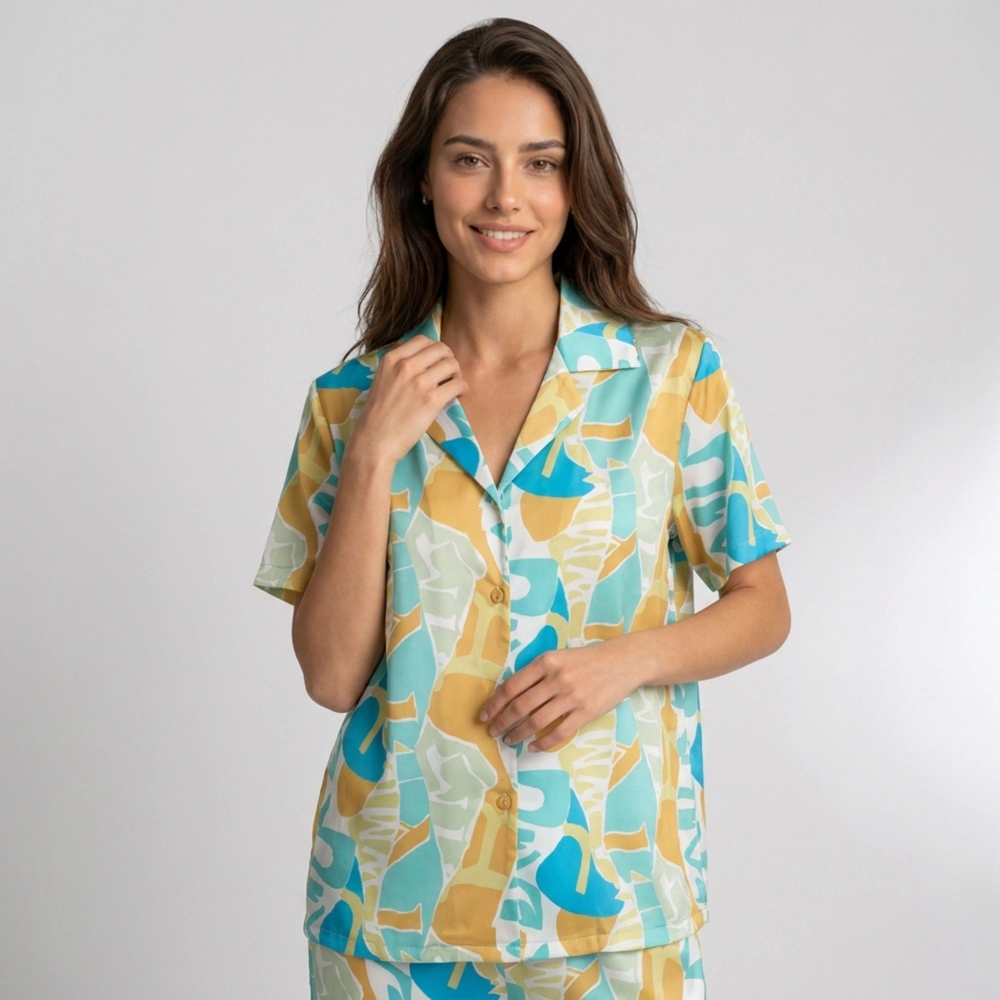 Anna-Kaci Women's 2-Piece Abstract Print Pajama Set with Short Sleeve Button Top and Wide Leg Pants