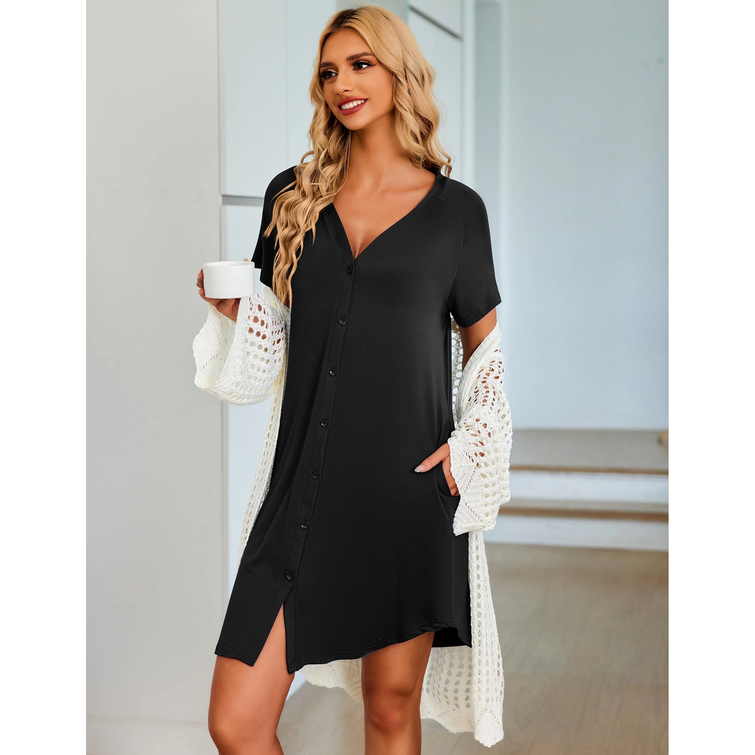 Ekouaer Women's Soft Short-Sleeve Button-Front V-Neck Nightgown with Pockets