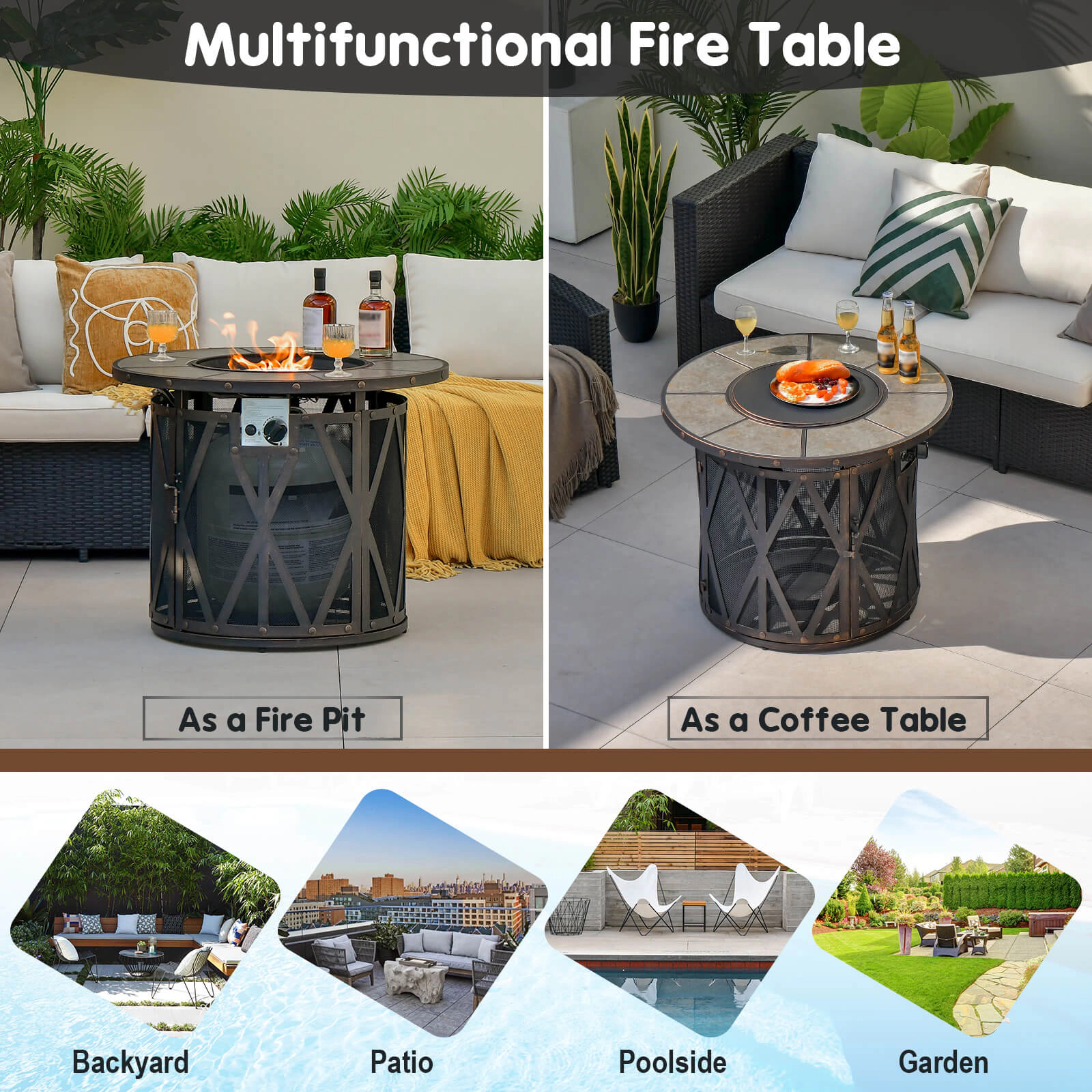 SUGIFT 32-Inch Propane Fire Pit Table, 30,000 BTU, Ceramic Tile Top, Fire Glass and PVC Cover